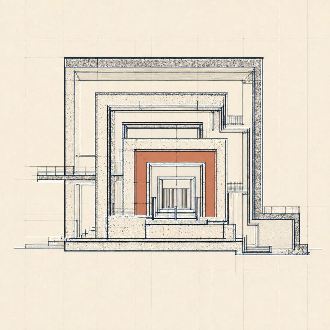 Architectural section through a vault: four nested chambers, each enclosing the next, with the innermost room protected at the centre.